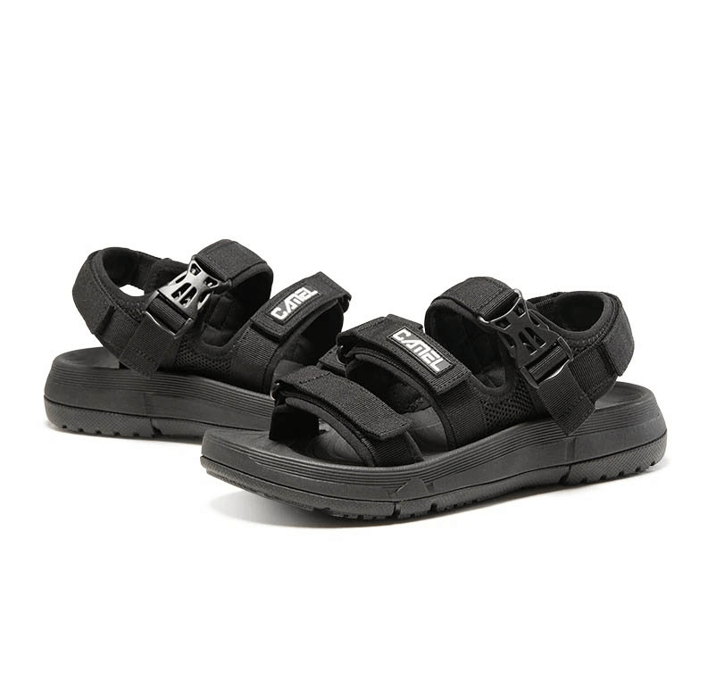 Black thick bottom breathable beach sandals for women with anti-slip sole and hook & loop closure, perfect for outdoor use.